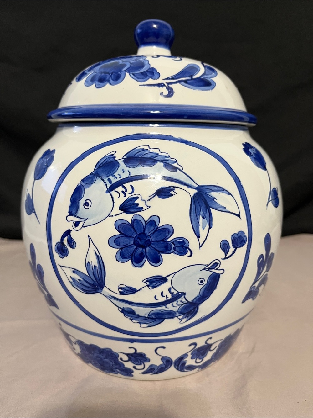 This item is a Blue White Fish porcelain ginger jar
